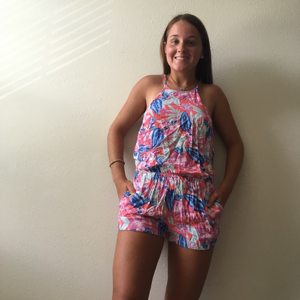 Tropical flower pink romper with open back